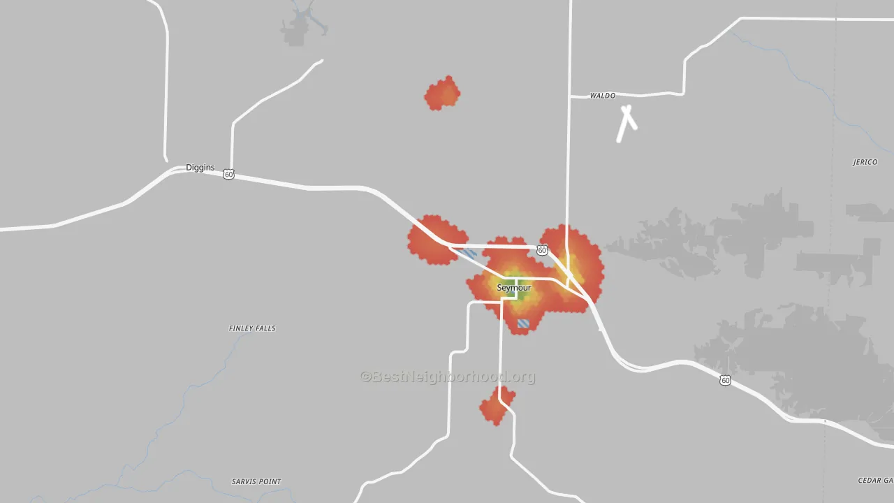 Walk Grade map of Seymour, MO, walkable areas in green and car-dependent areas in red
