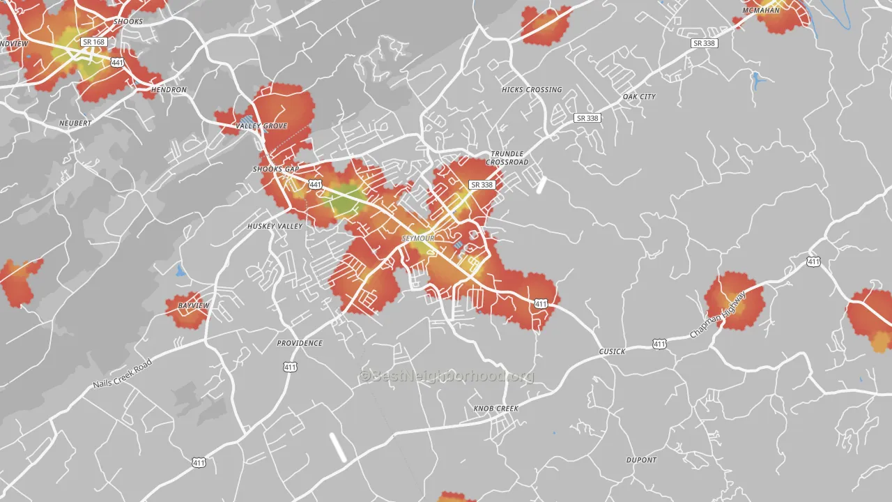 Walk Grade map of Seymour, TN, walkable areas in green and car-dependent areas in red