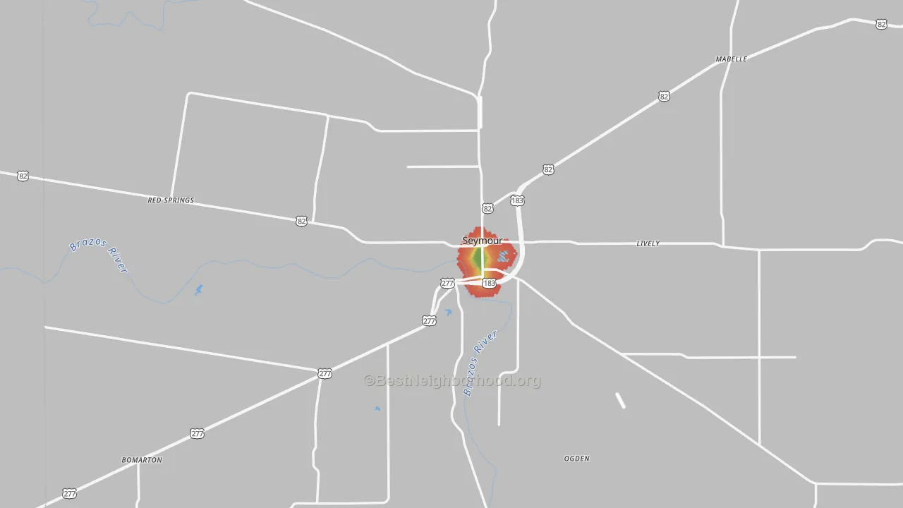 Walk Grade map of Seymour, TX, walkable areas in green and car-dependent areas in red