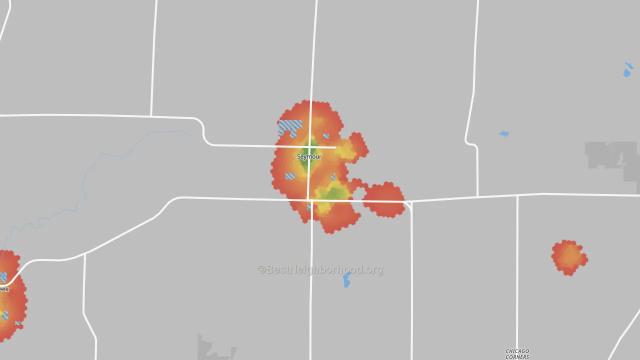 Walk Grade map of Seymour, WI, walkable areas in green and car-dependent areas in red