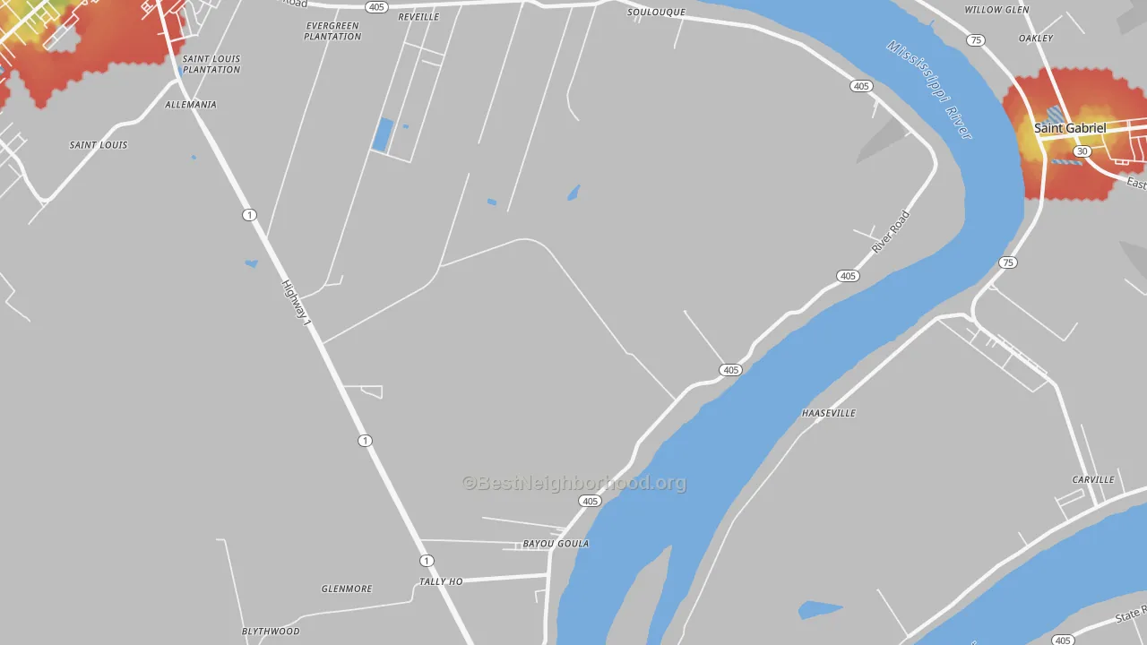Walk Grade map of Seymourville, LA, walkable areas in green and car-dependent areas in red