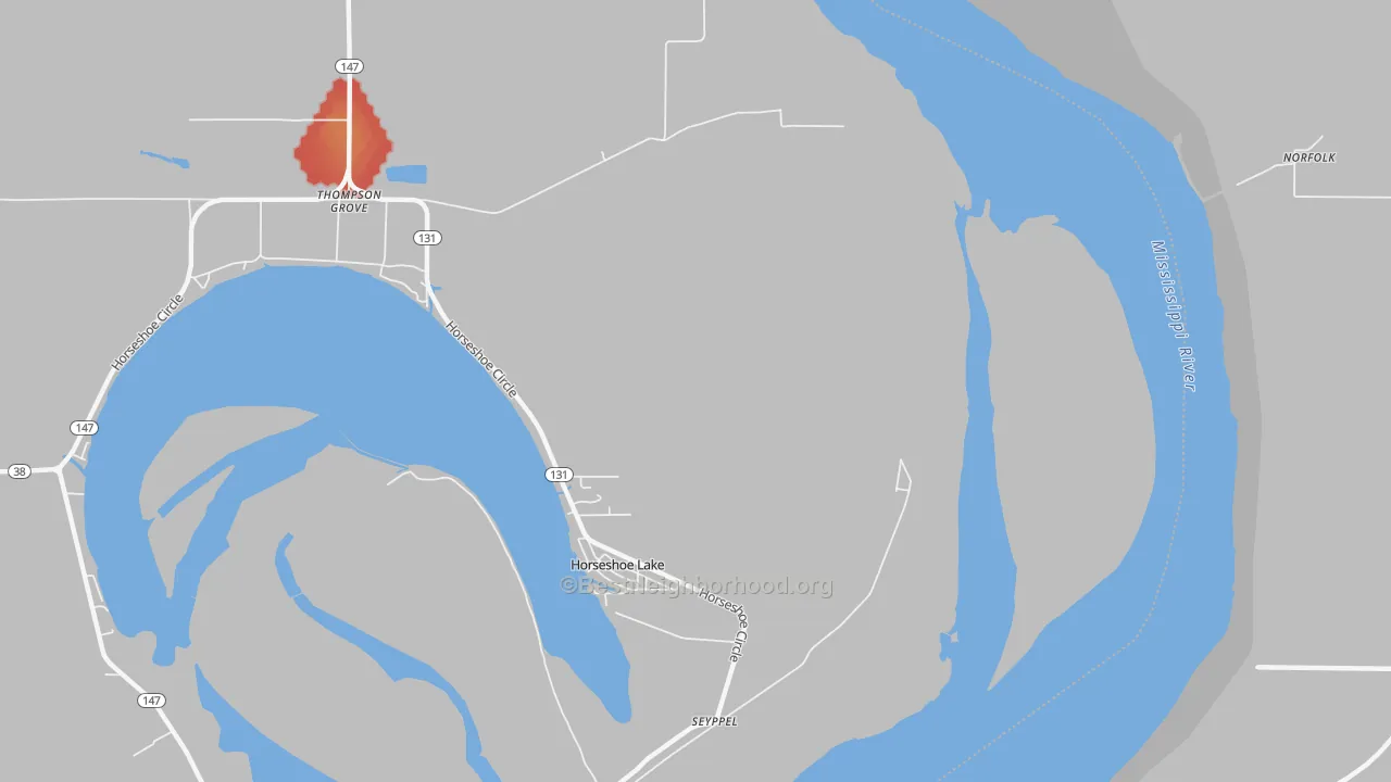 Walk Grade map of Seyppel, AR, walkable areas in green and car-dependent areas in red