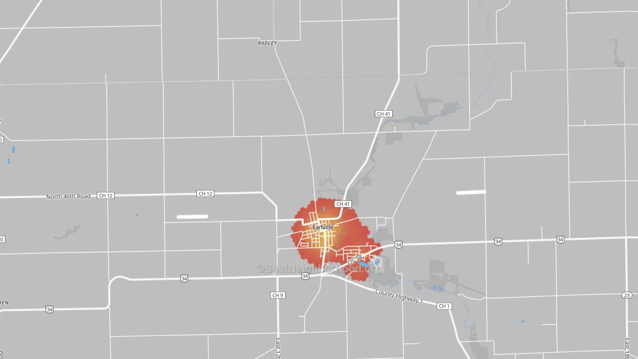 Walk Grade map of Shabbona Grove, IL, walkable areas in green and car-dependent areas in red