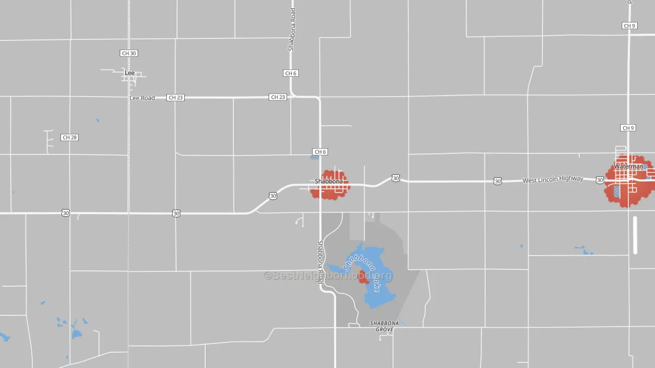 Walk Grade map of Shabbona, IL, walkable areas in green and car-dependent areas in red