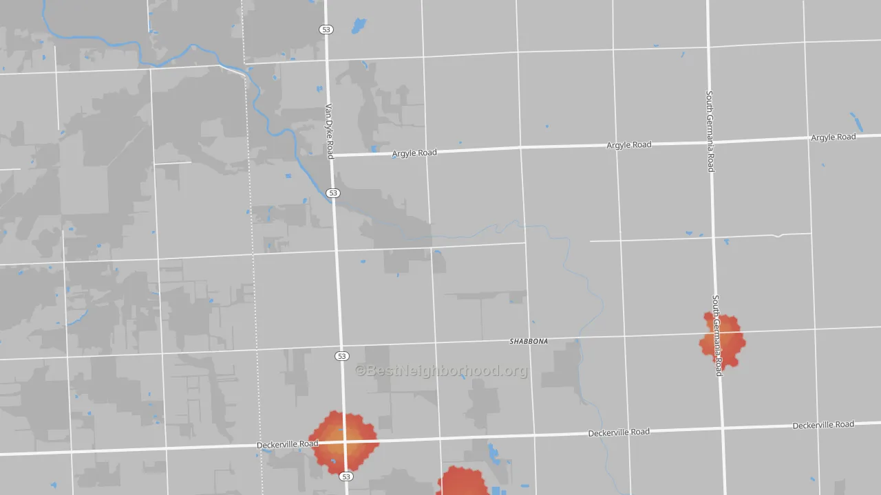 Walk Grade map of Shabbona, MI, walkable areas in green and car-dependent areas in red