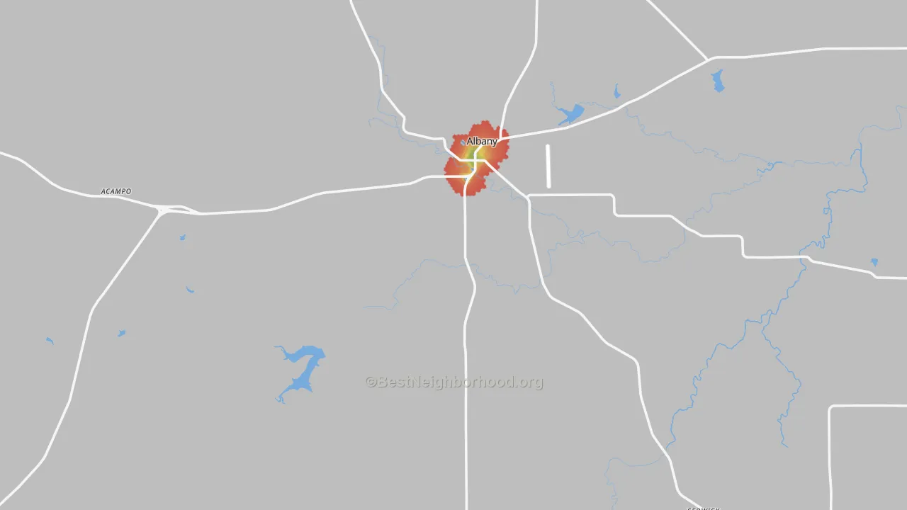 Walk Grade map of Shackelford County, TX, walkable areas in green and car-dependent areas in red