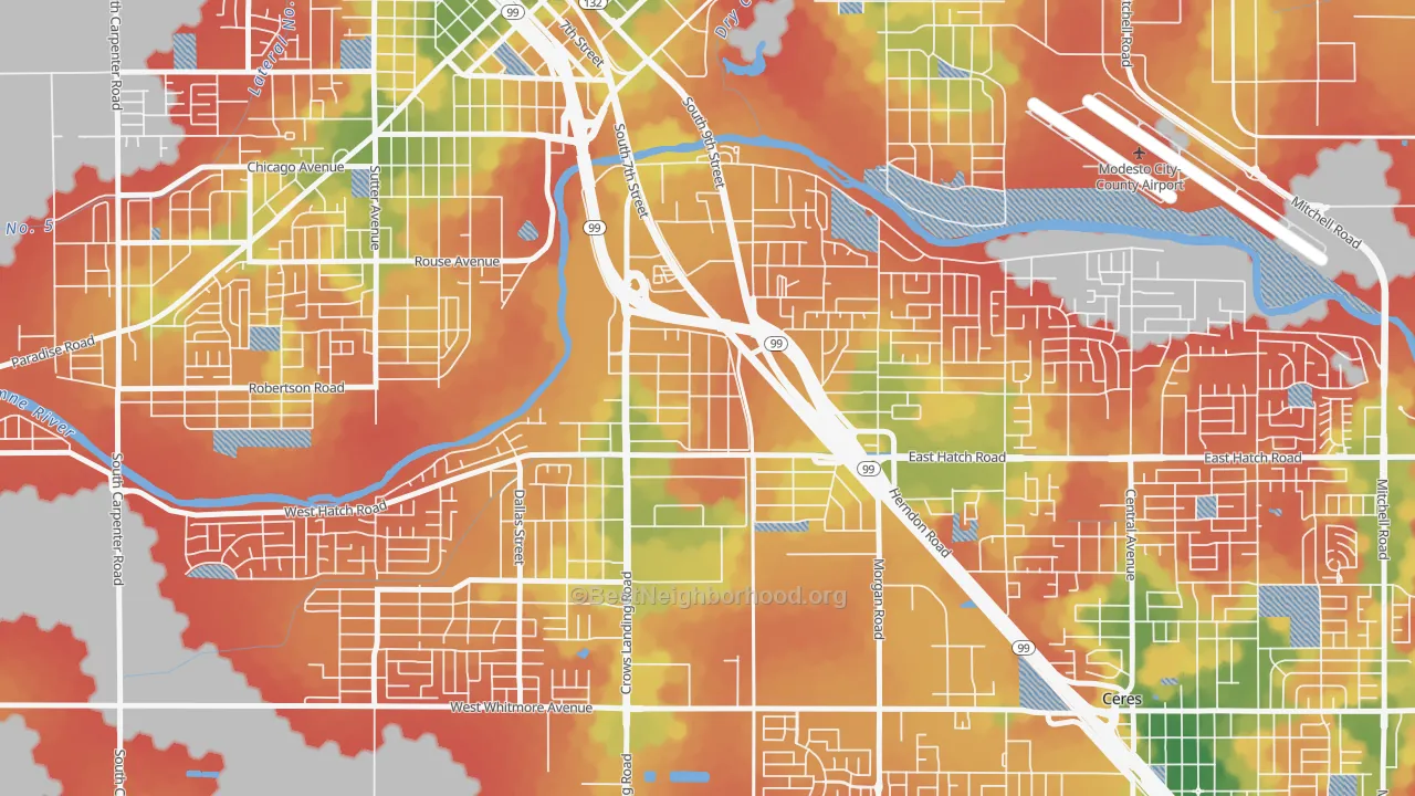 Walk Grade map of Shackelford, Modesto, CA, walkable areas in green and car-dependent areas in red