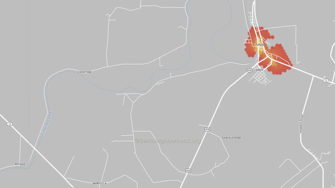 Walk Grade map of Shackleford, MS, walkable areas in green and car-dependent areas in red