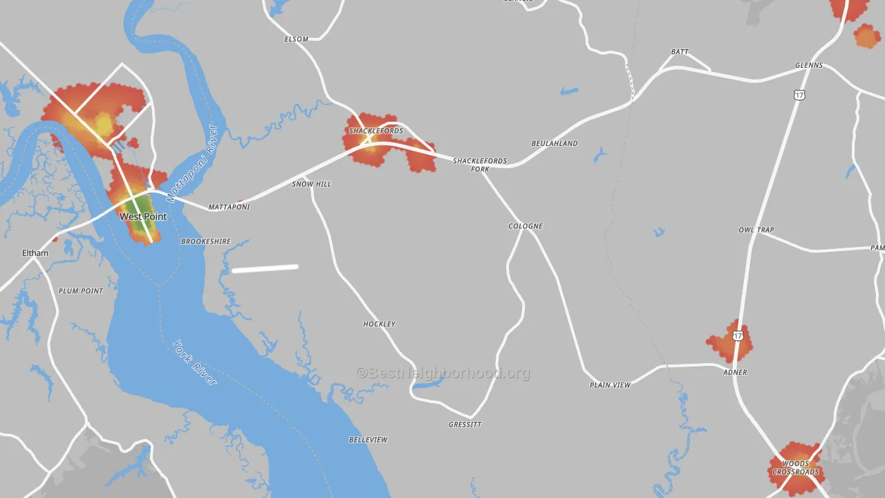 Walk Grade map of Shacklefords, VA, walkable areas in green and car-dependent areas in red