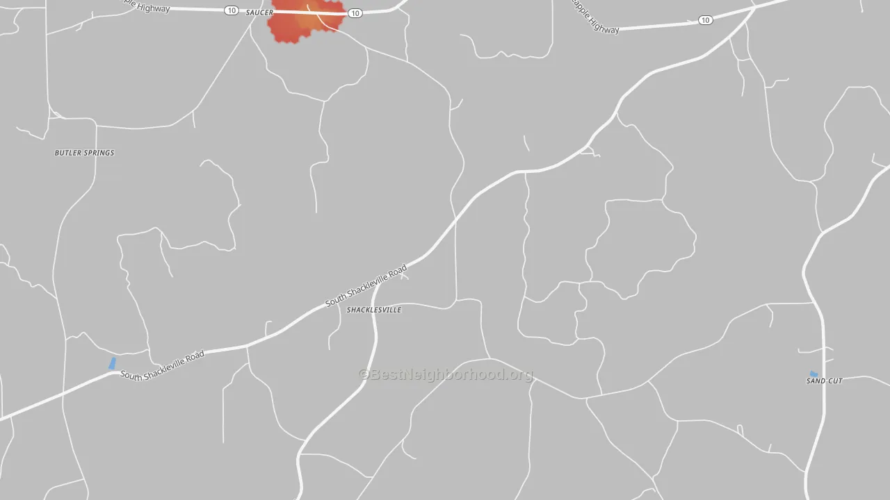 Walk Grade map of Shacklesville, AL, walkable areas in green and car-dependent areas in red