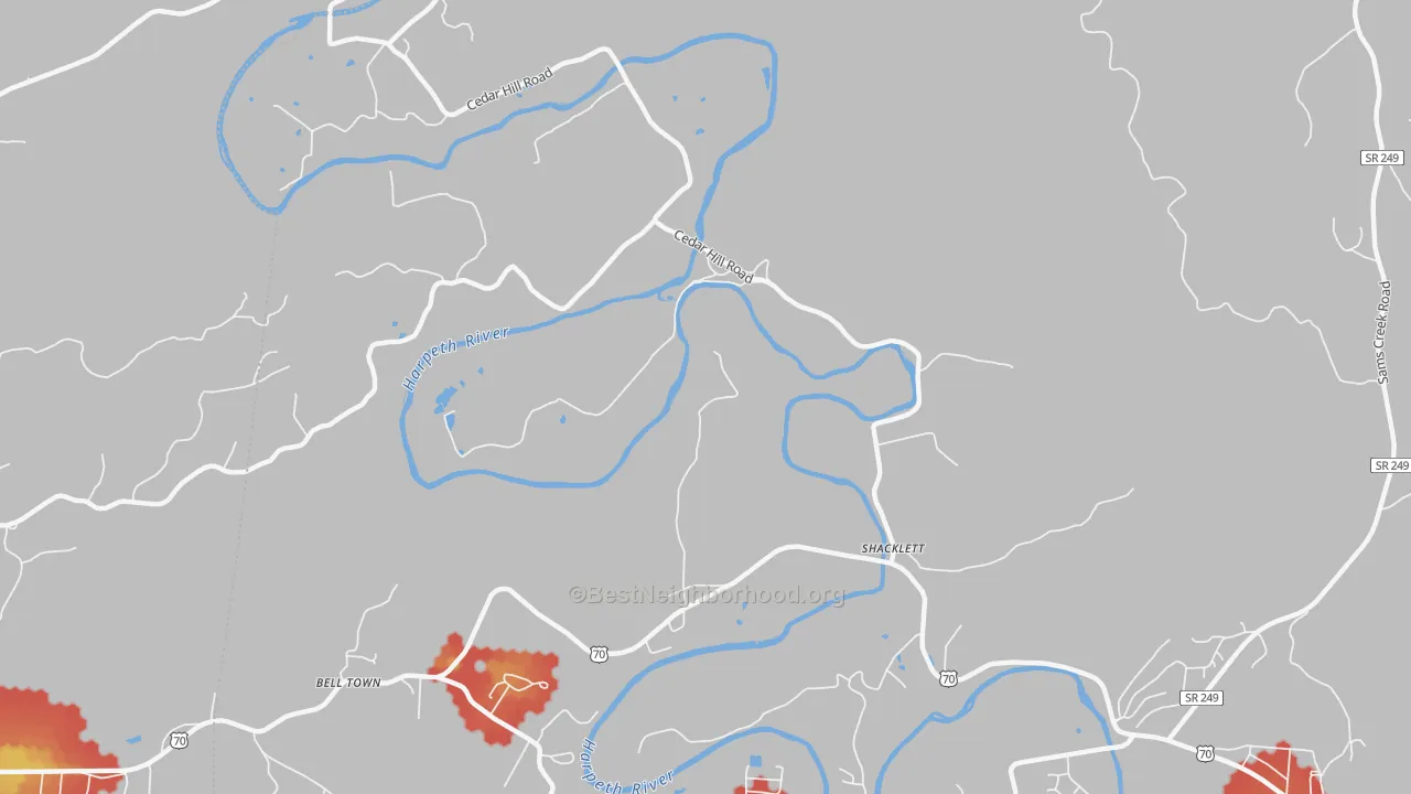 Walk Grade map of Shacklett, TN, walkable areas in green and car-dependent areas in red