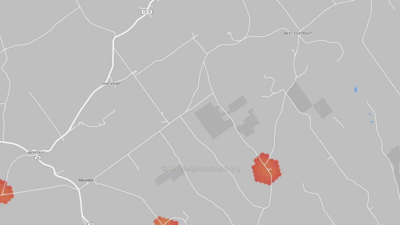Walk Grade map of Shackport, NY, walkable areas in green and car-dependent areas in red