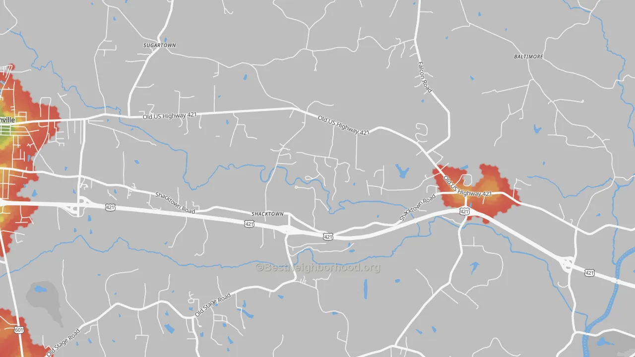 Walk Grade map of Shacktown, NC, walkable areas in green and car-dependent areas in red