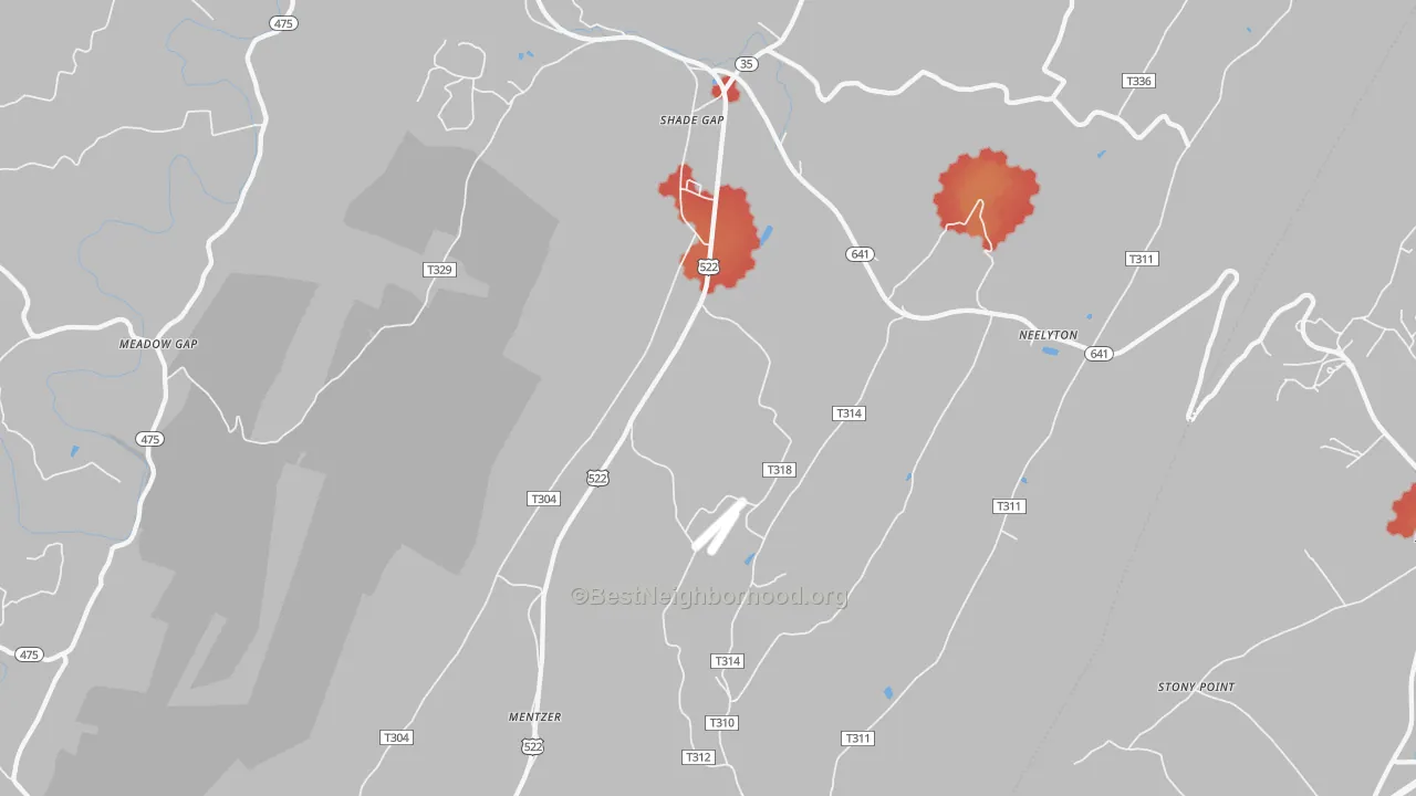 Walk Grade map of Shade Gap, PA, walkable areas in green and car-dependent areas in red