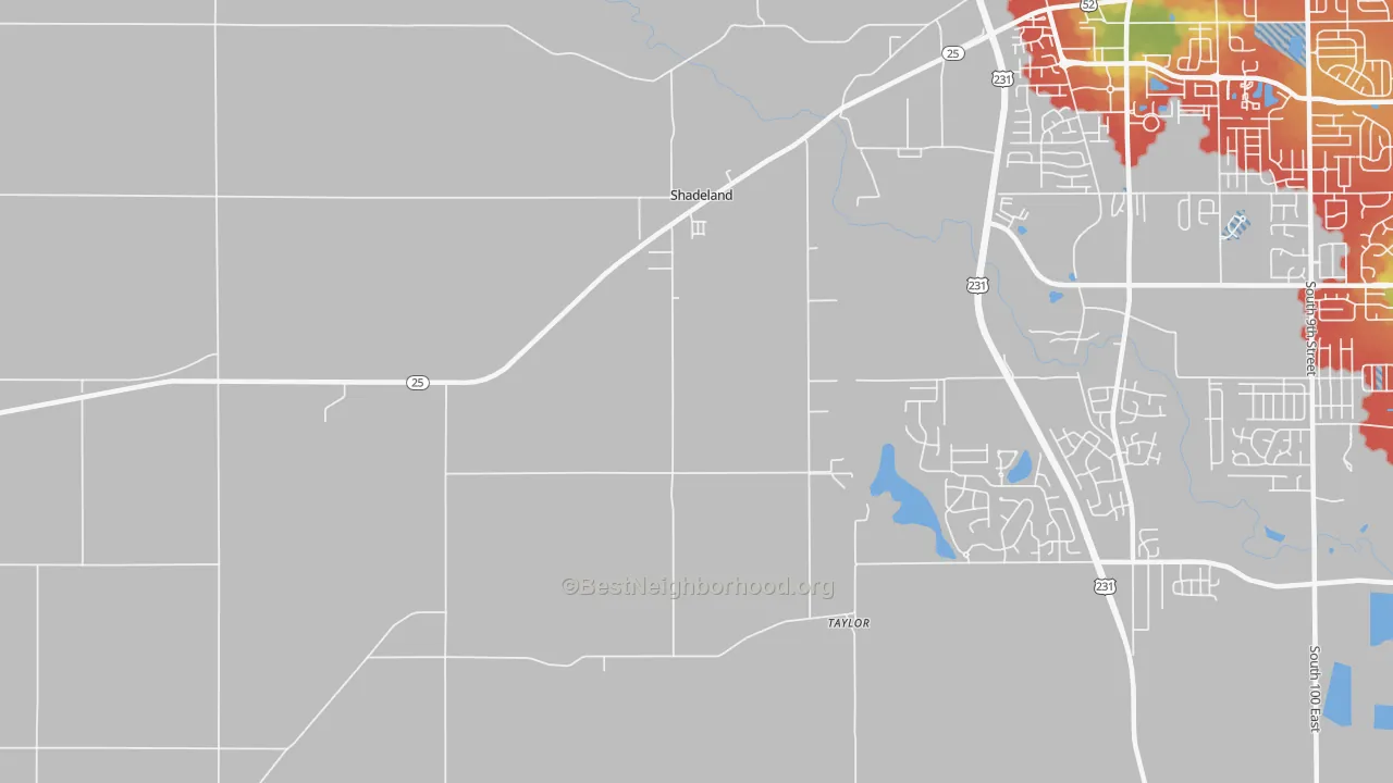 Walk Grade map of Shadeland, IN, walkable areas in green and car-dependent areas in red
