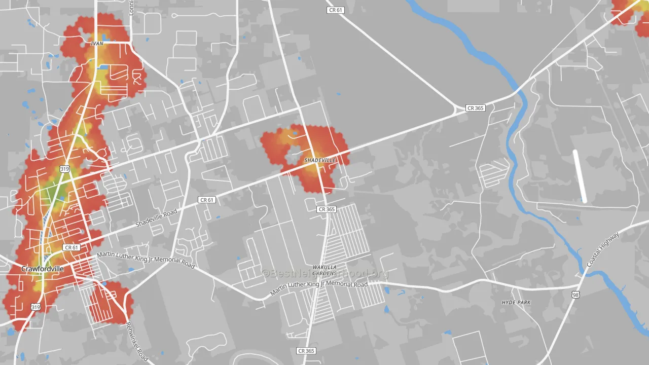 Walk Grade map of Shadeville, FL, walkable areas in green and car-dependent areas in red