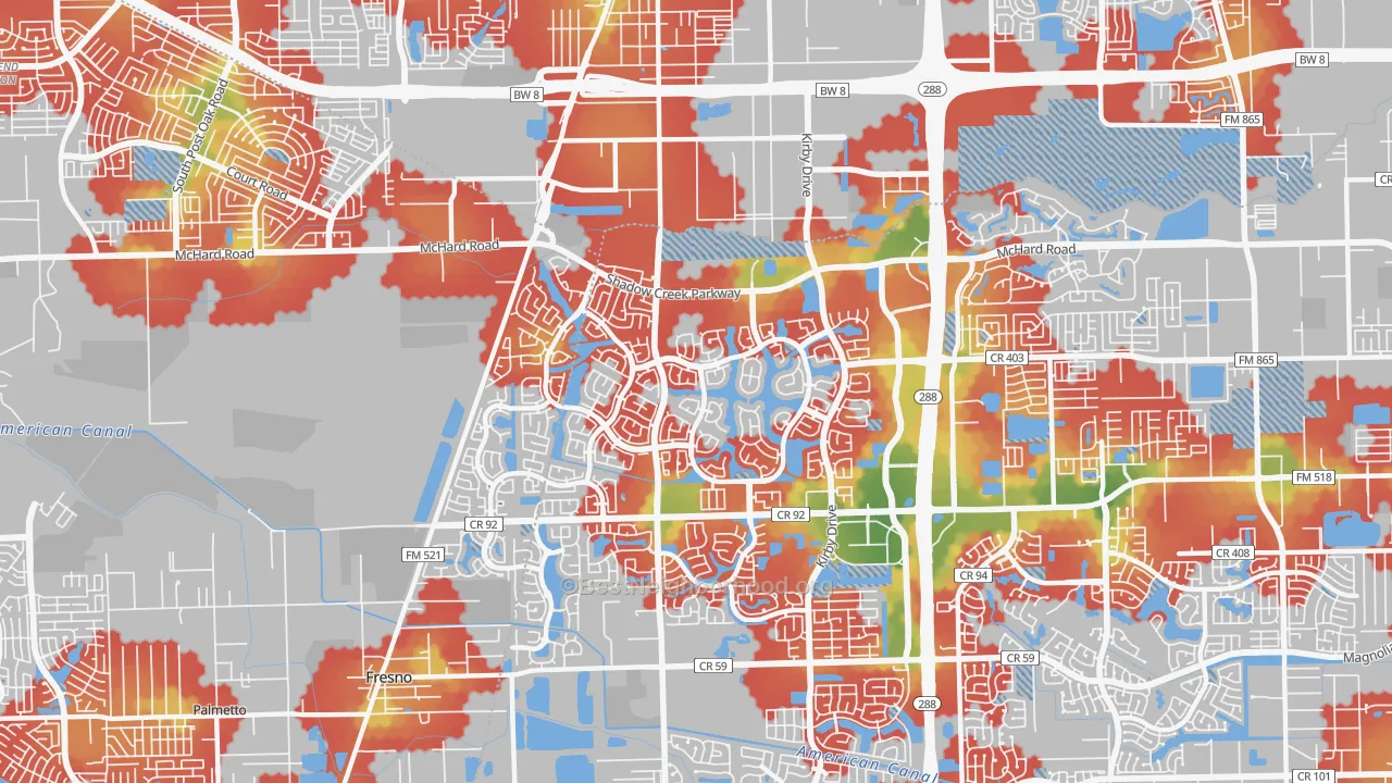 Walk Grade map of Shadow Creek Ranch, Pearland, TX, walkable areas in green and car-dependent areas in red