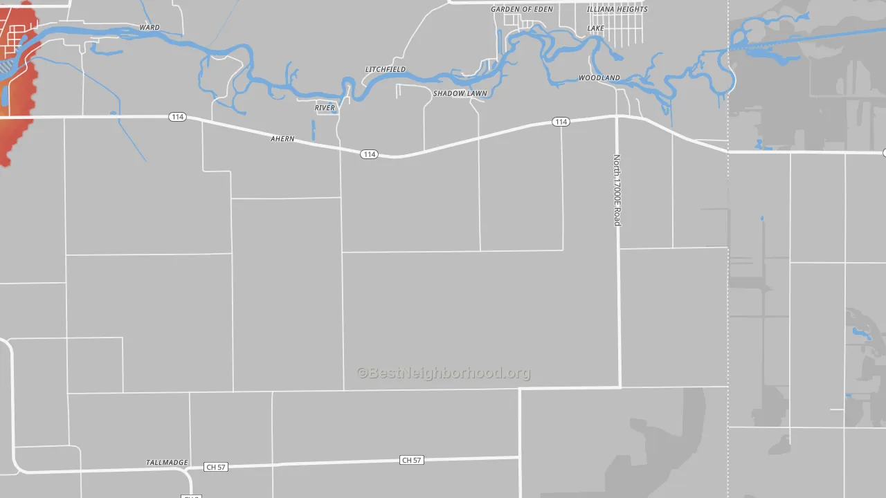 Walk Grade map of Shadow Lawn, IL, walkable areas in green and car-dependent areas in red