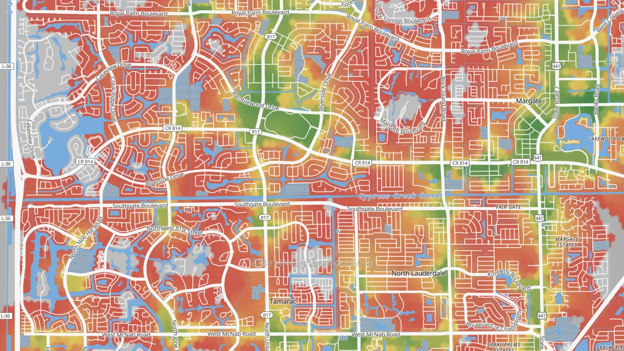 Walk Grade map of Shadow Wood, Coral Springs, FL, walkable areas in green and car-dependent areas in red