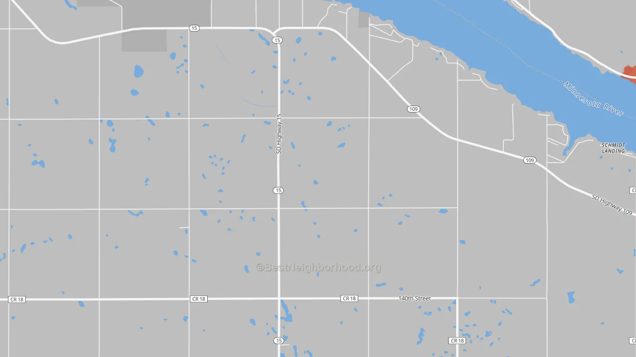 Walk Grade map of Shady Beach, SD, walkable areas in green and car-dependent areas in red