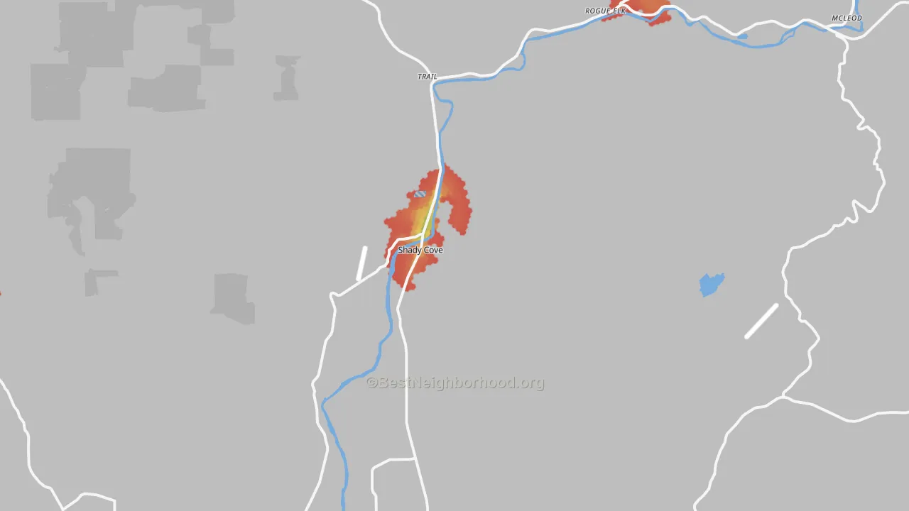 Walk Grade map of Shady Cove, OR, walkable areas in green and car-dependent areas in red