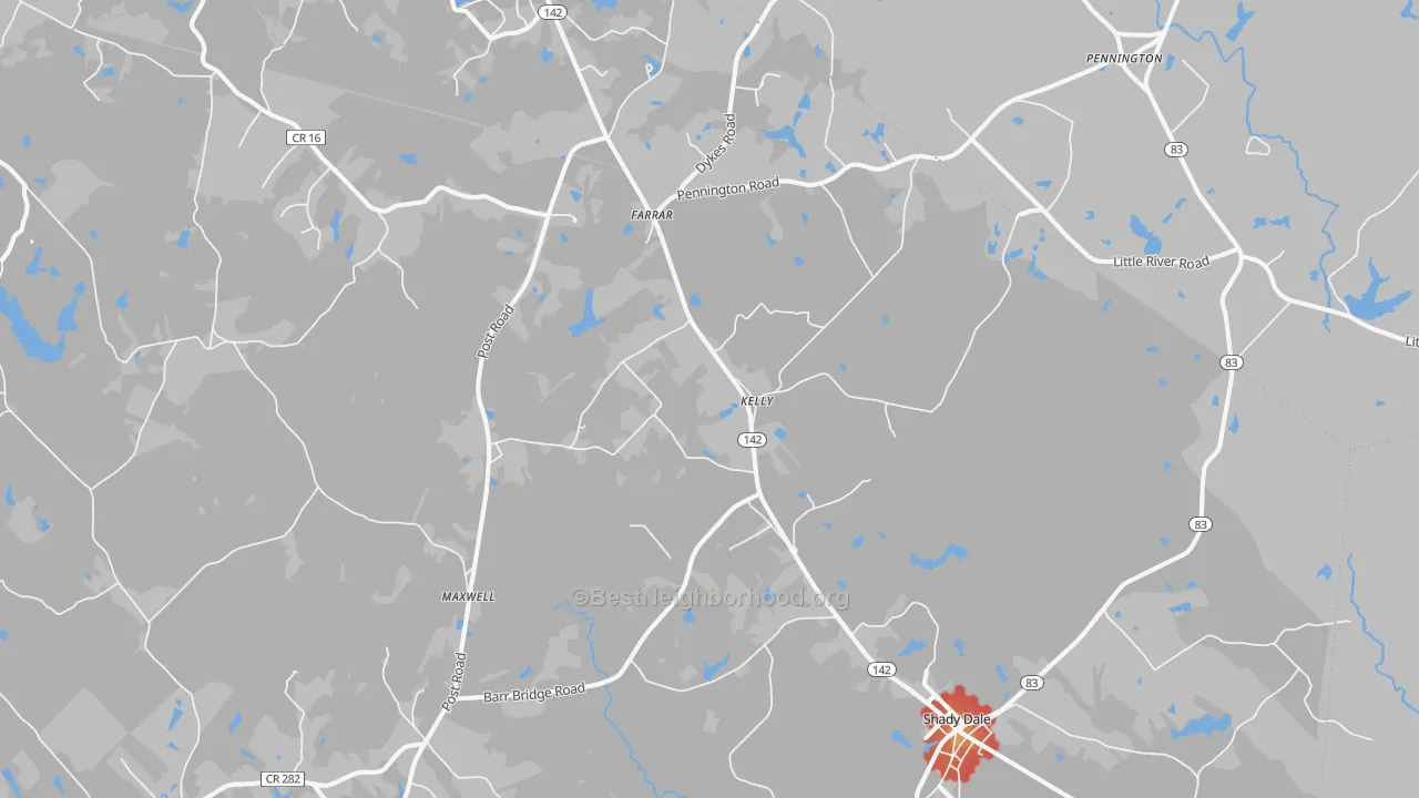 Walk Grade map of Shady Dale, GA, walkable areas in green and car-dependent areas in red
