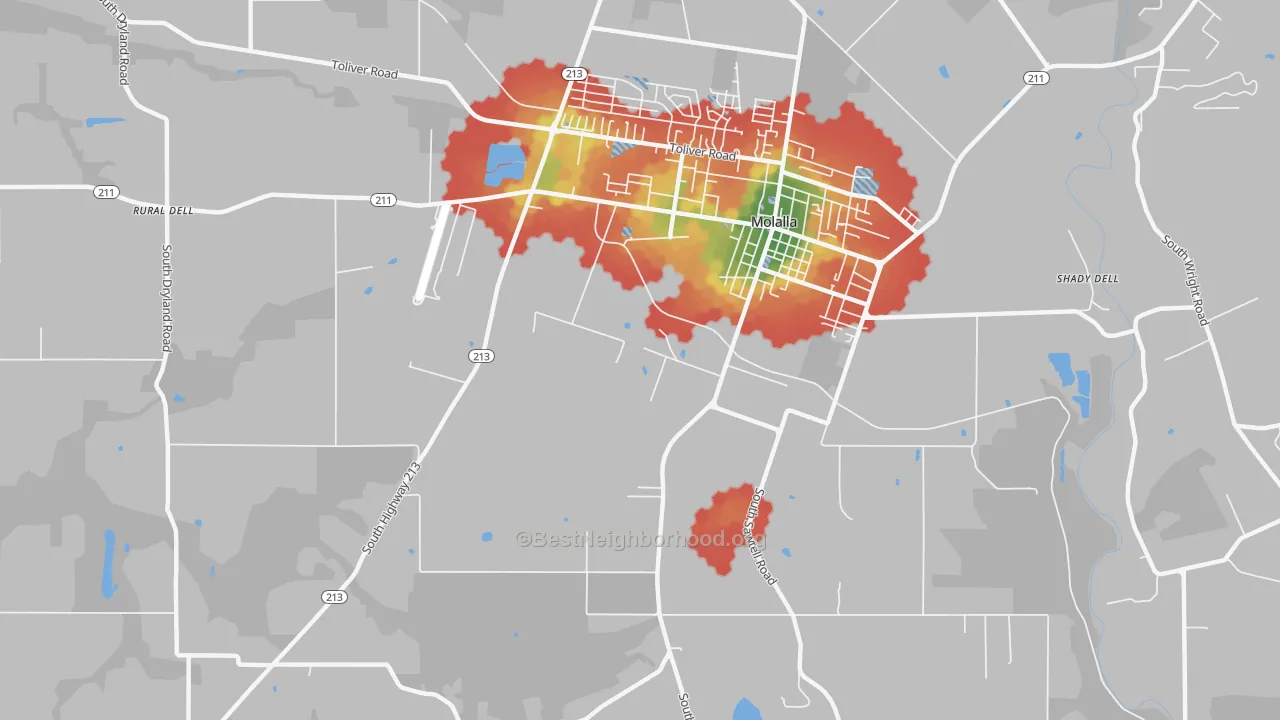Walk Grade map of Shady Dell, OR, walkable areas in green and car-dependent areas in red