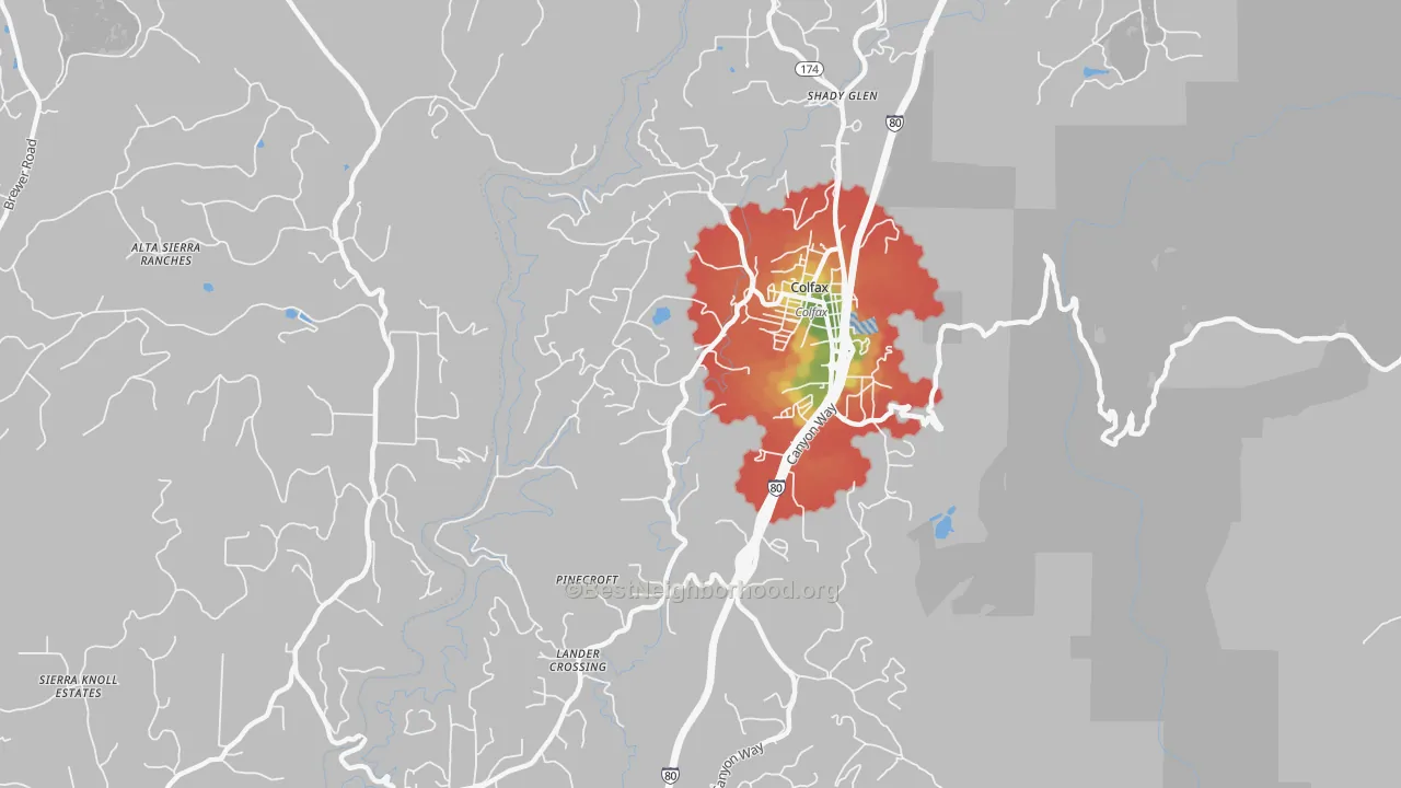 Walk Grade map of Shady Glen, CA, walkable areas in green and car-dependent areas in red