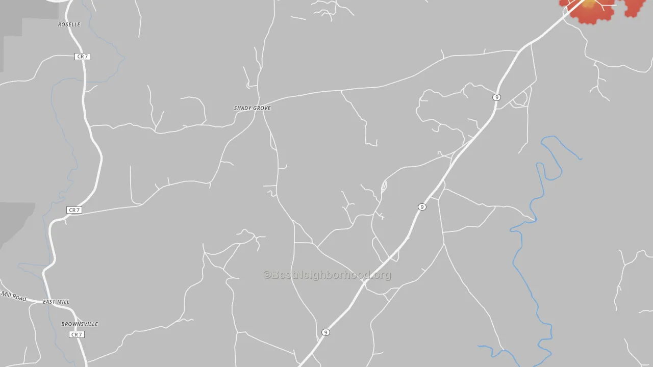 Walk Grade map of Shady Grove, AL, walkable areas in green and car-dependent areas in red