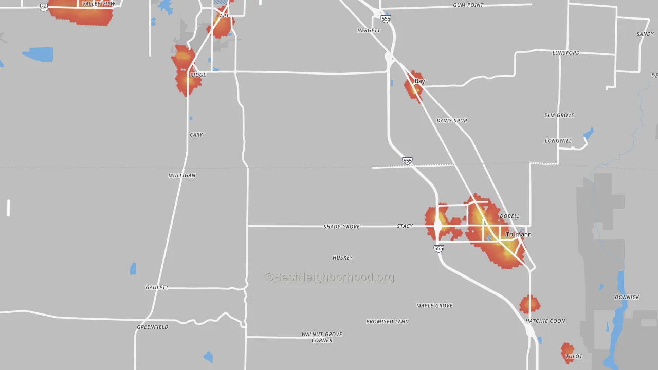Walk Grade map of Shady Grove, AR, walkable areas in green and car-dependent areas in red