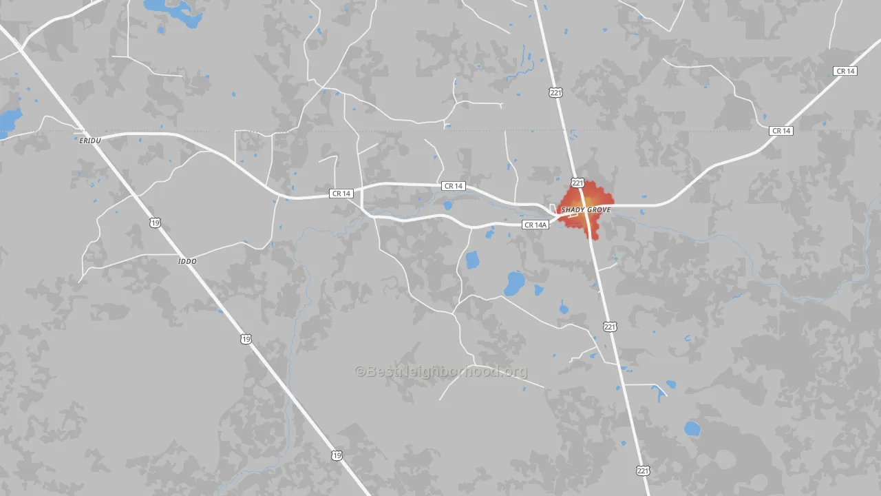 Walk Grade map of Shady Grove, FL, walkable areas in green and car-dependent areas in red