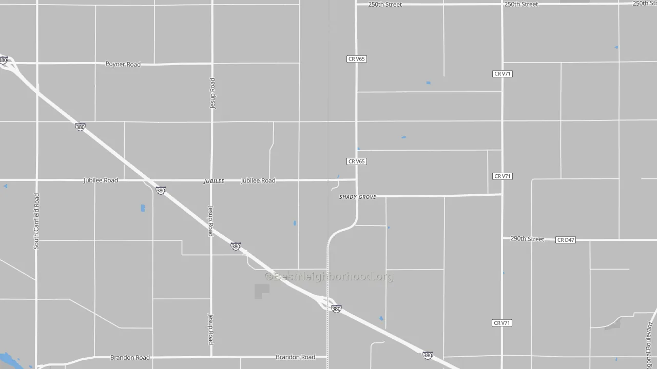 Walk Grade map of Shady Grove, IA, walkable areas in green and car-dependent areas in red
