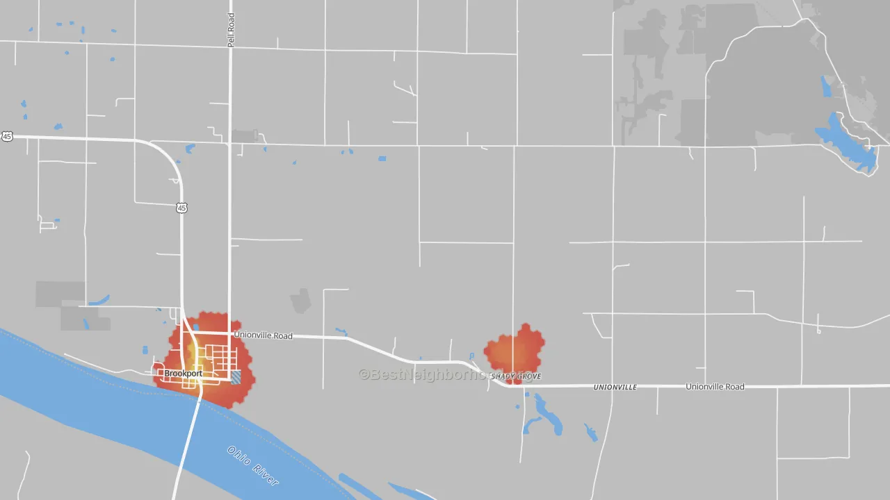 Walk Grade map of Shady Grove, IL, walkable areas in green and car-dependent areas in red