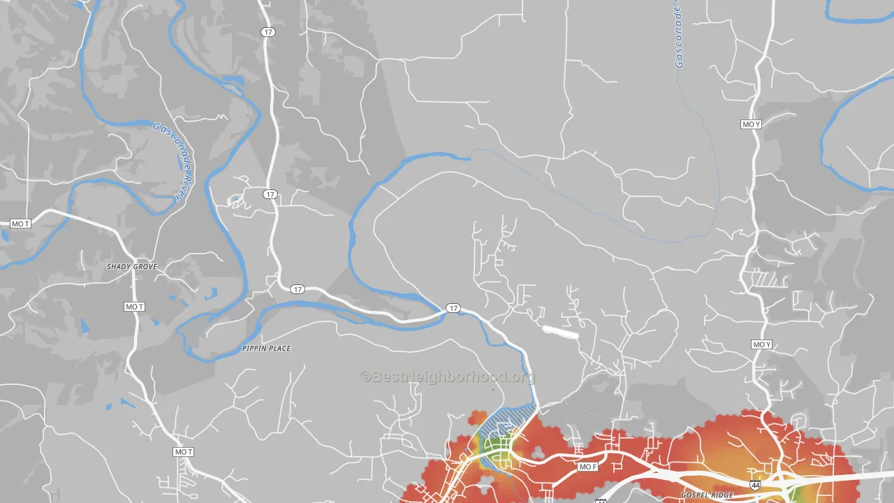 Walk Grade map of Shady Grove, MO, walkable areas in green and car-dependent areas in red