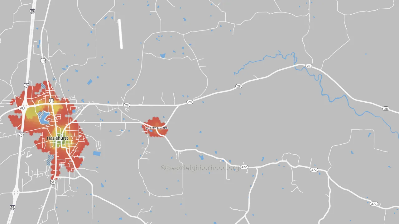 Walk Grade map of Shady Grove, MS, walkable areas in green and car-dependent areas in red
