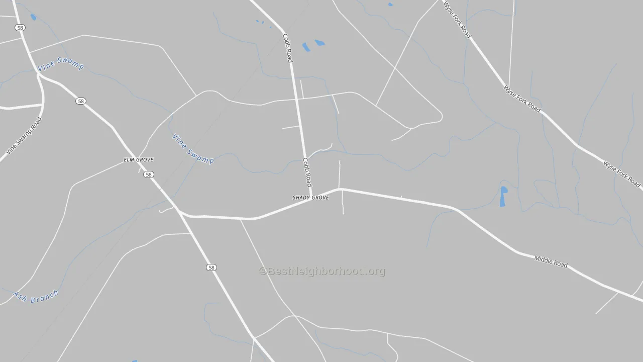 Walk Grade map of Shady Grove, NC, walkable areas in green and car-dependent areas in red
