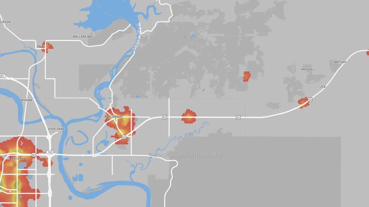 Walk Grade map of Shady Grove, OK, walkable areas in green and car-dependent areas in red
