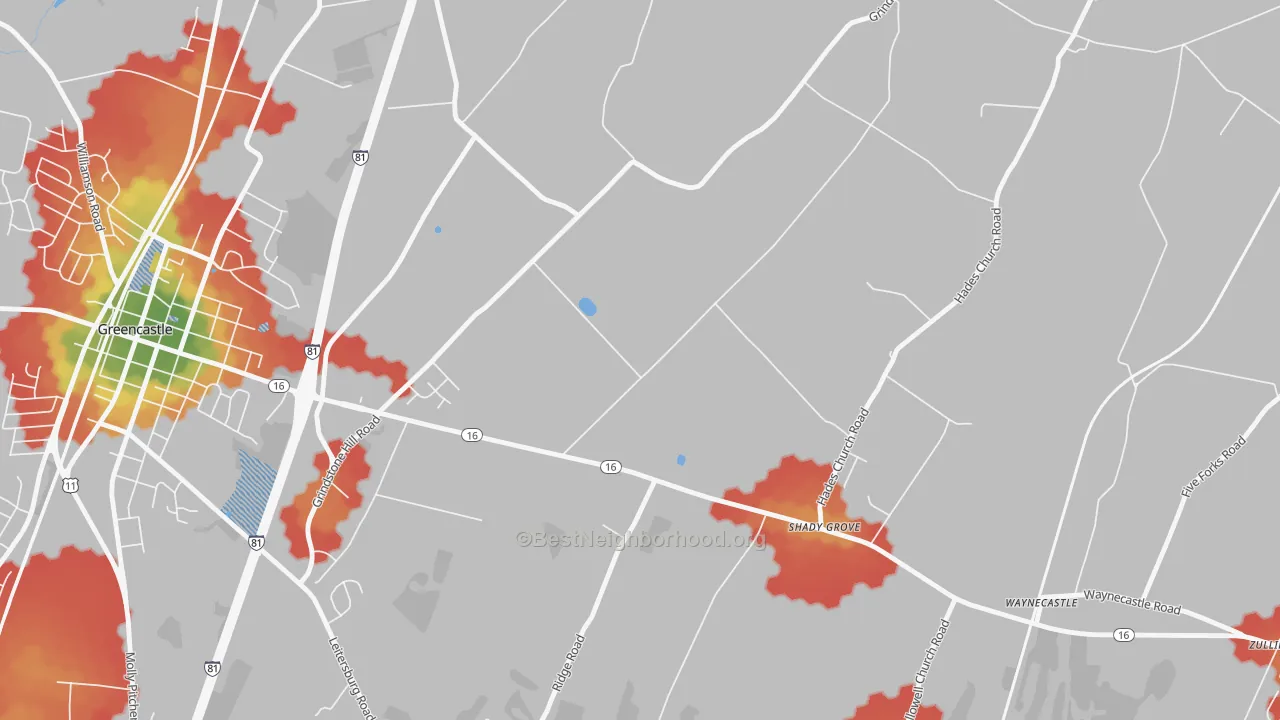 Walk Grade map of Shady Grove, PA, walkable areas in green and car-dependent areas in red