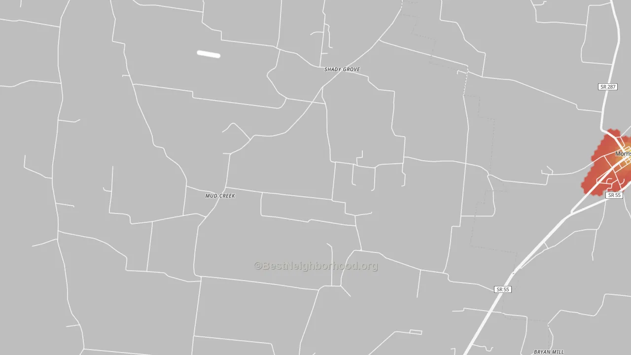 Walk Grade map of Shady Grove, TN, walkable areas in green and car-dependent areas in red