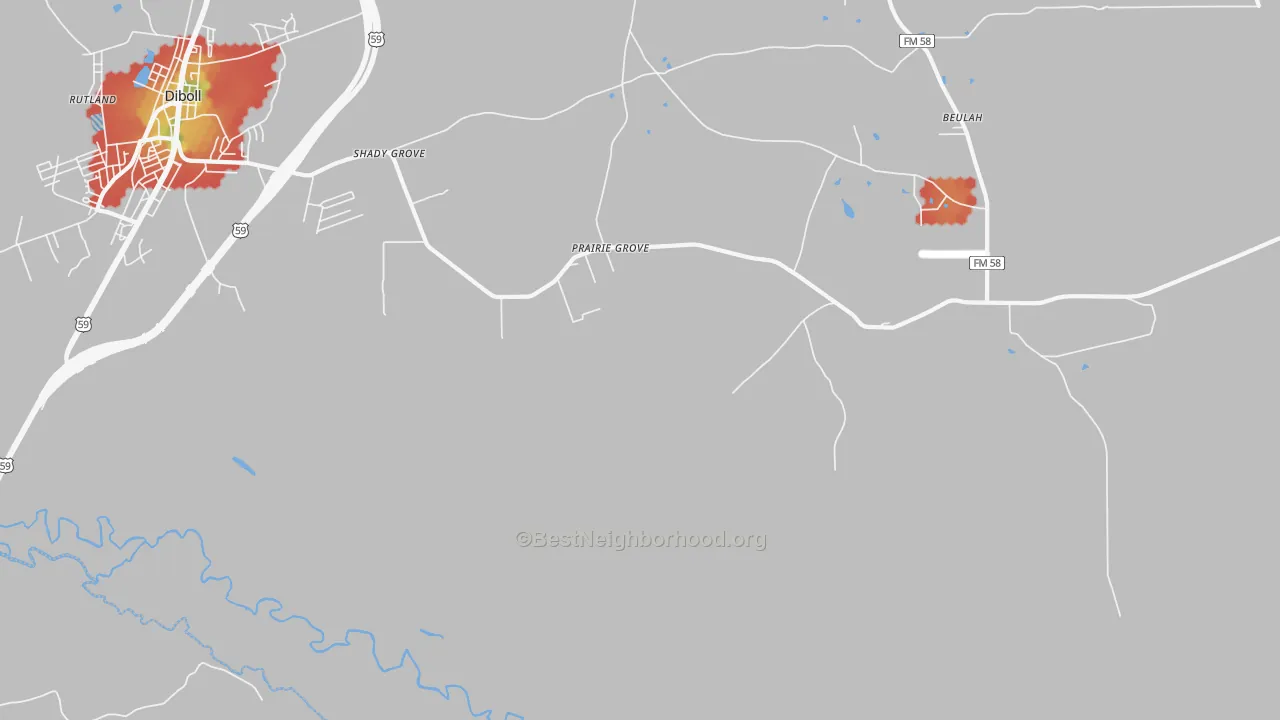 Walk Grade map of Shady Grove, TX, walkable areas in green and car-dependent areas in red
