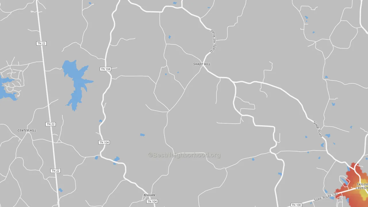 Walk Grade map of Shady Hill, TN, walkable areas in green and car-dependent areas in red