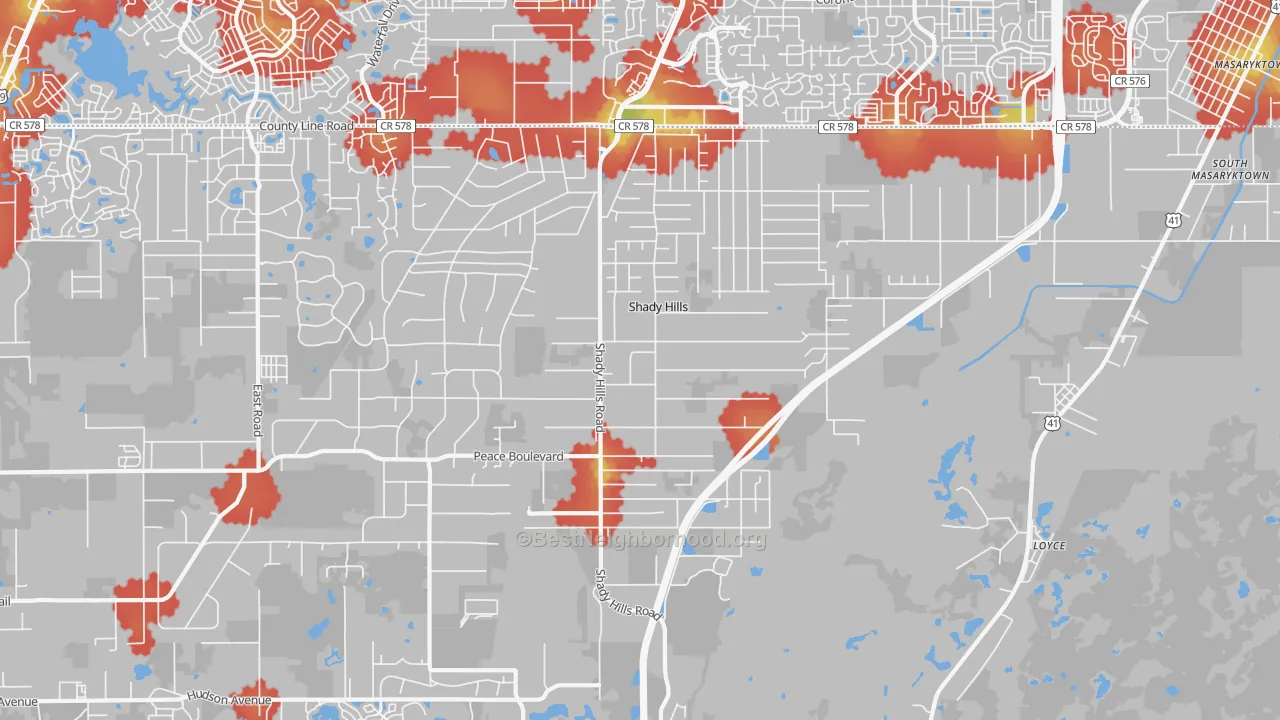 Walk Grade map of Shady Hills, FL, walkable areas in green and car-dependent areas in red