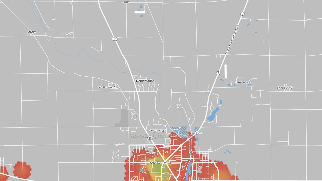 Walk Grade map of Shady Hills, IN, walkable areas in green and car-dependent areas in red
