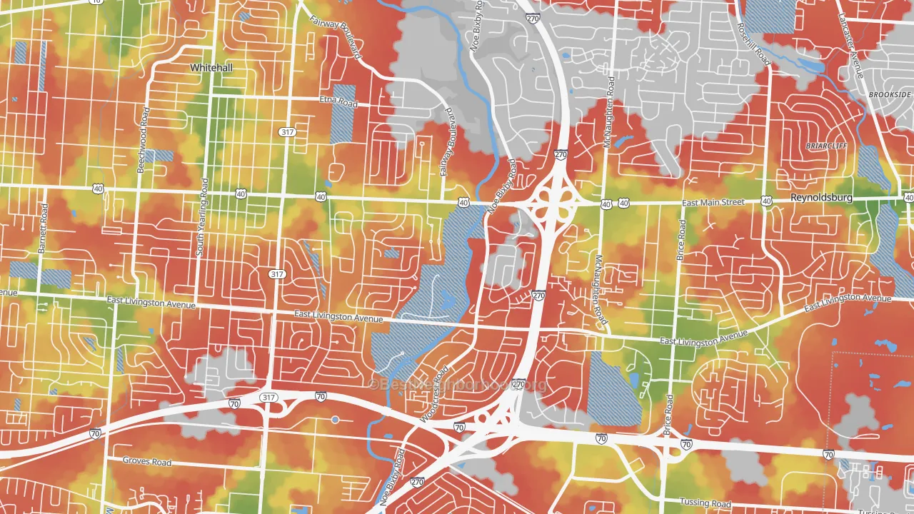 Walk Grade map of Shady Lane, Columbus, OH, walkable areas in green and car-dependent areas in red