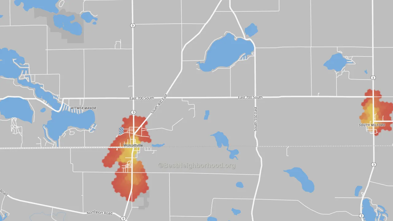 Walk Grade map of Shady Nook, IN, walkable areas in green and car-dependent areas in red