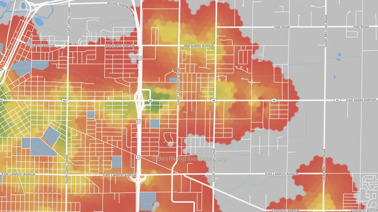 Walk Grade map of Shady Park Neighbourhood, Muskegon, MI, walkable areas in green and car-dependent areas in red