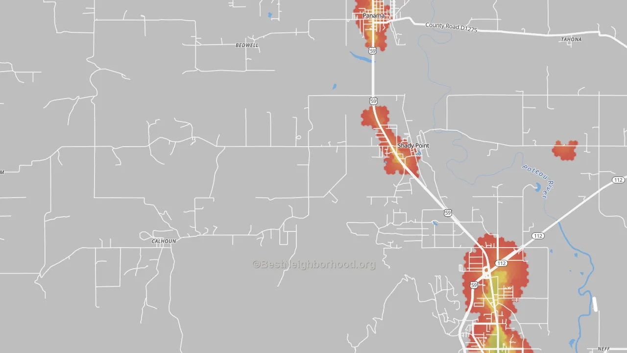 Walk Grade map of Shady Point, OK, walkable areas in green and car-dependent areas in red