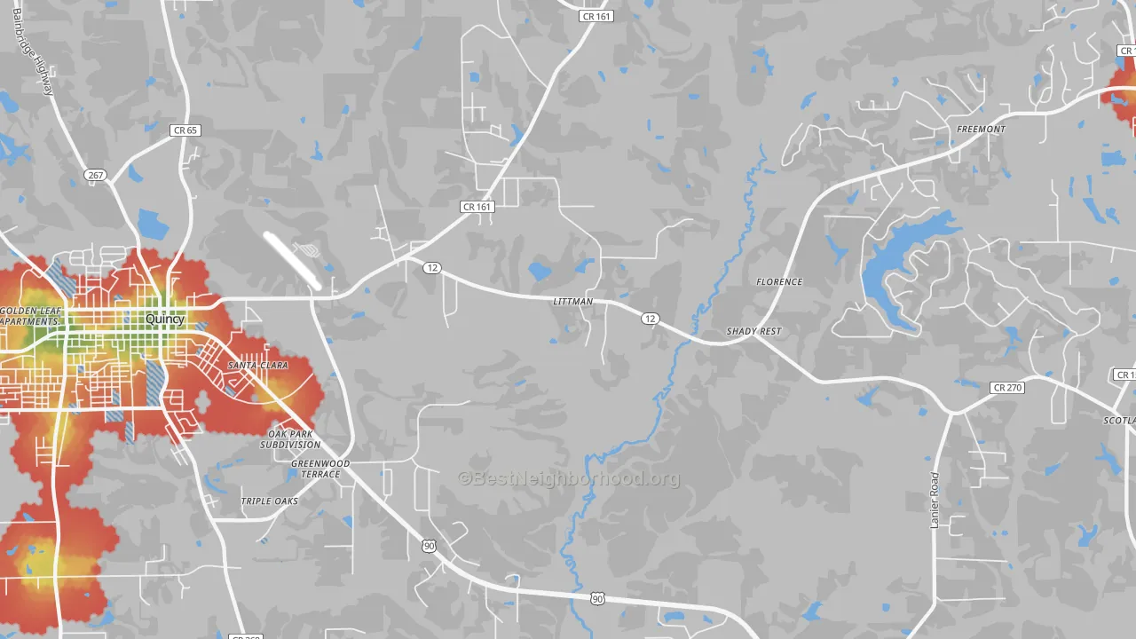 Walk Grade map of Shady Rest, FL, walkable areas in green and car-dependent areas in red