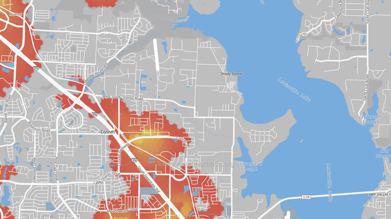 Walk Grade map of Shady Shores, TX, walkable areas in green and car-dependent areas in red