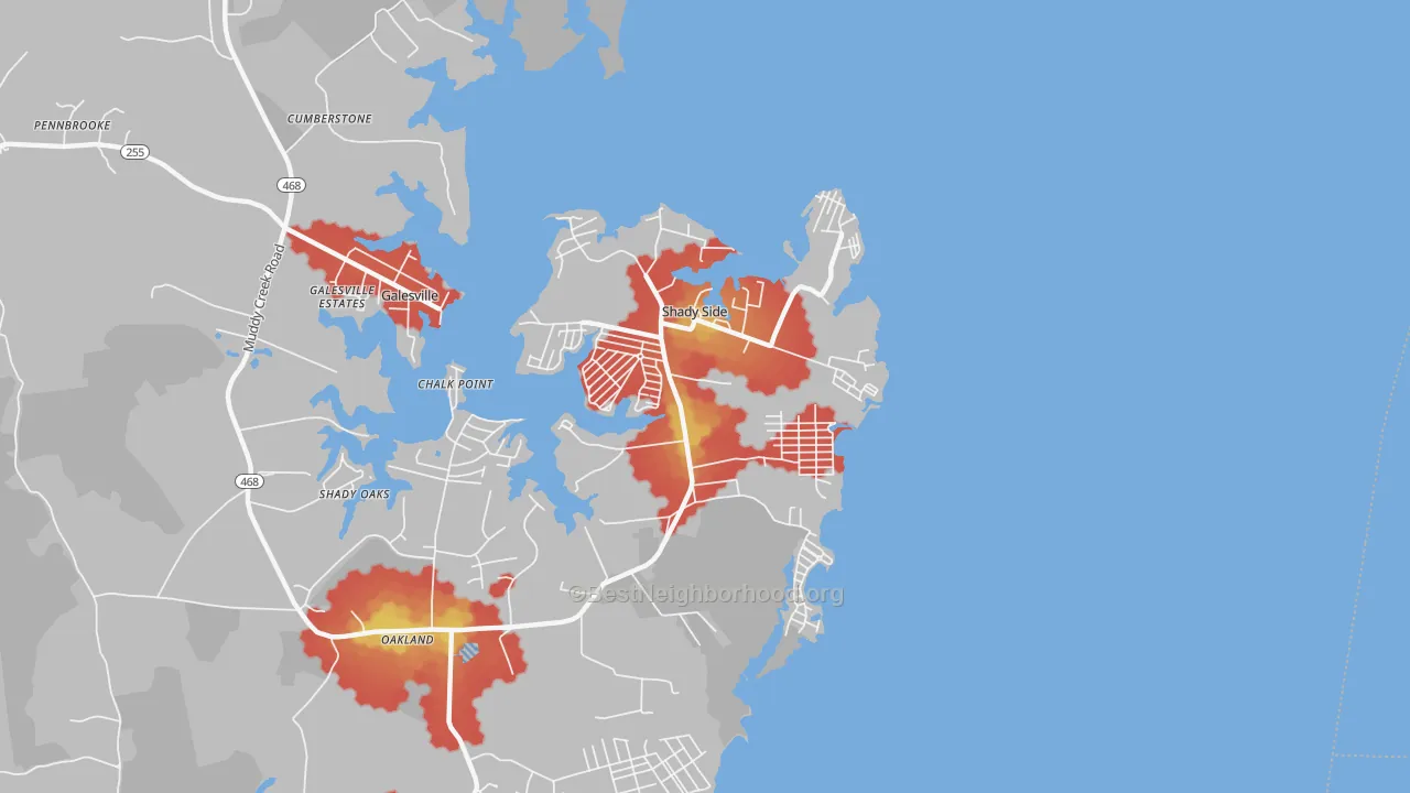 Walk Grade map of Shady Side, MD, walkable areas in green and car-dependent areas in red